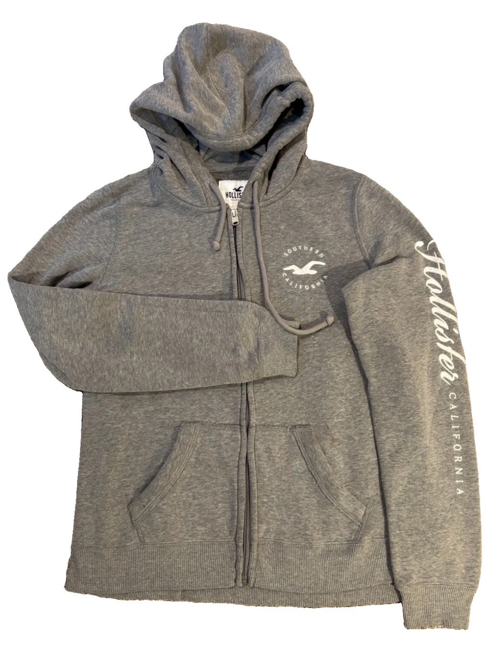 Y2K Hollister California Women’s Gray Fleece Full Zip Logo Hoodie Pockets Small